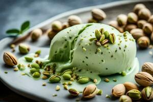 pistacho hielo crema con pistacho nueces en un lámina. generado por ai foto