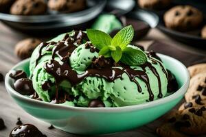 chocolate chip cookie ice cream with mint leaves. AI-Generated photo