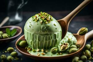 pistachio ice cream with pistachio nuts and a wooden spoon. AI-Generated photo