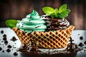 a waffle with chocolate and mint frosting. AI-Generated photo