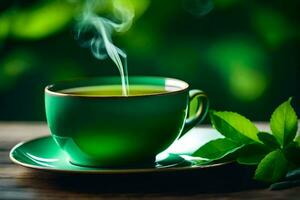 un taza de verde té con un hoja en el mesa. generado por ai foto