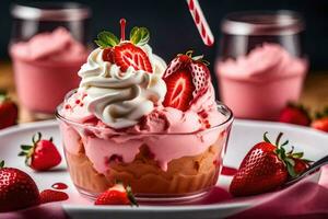 a dessert with strawberries and whipped cream. AI-Generated photo