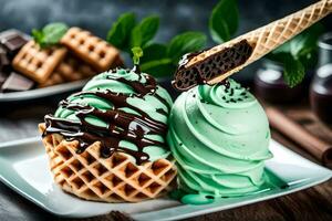 two waffles with chocolate and mint on a plate. AI-Generated photo