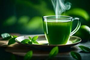 a cup of green tea with steam on a wooden table. AI-Generated photo