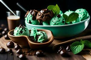 chocolate mint ice cream with mint leaves and chocolate balls. AI-Generated photo