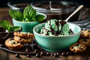 chocolate menta hielo crema con galletas y menta hojas. generado por ai foto