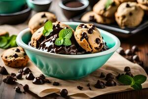 chocolate chip cookie ice cream with mint leaves. AI-Generated photo
