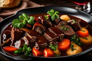 a plate of beef stew with carrots and potatoes. AI-Generated photo