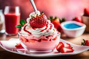 a dessert with strawberries and whipped cream. AI-Generated photo