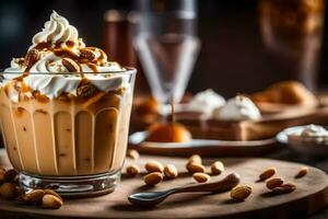 a coffee drink with whipped cream and nuts. AI-Generated photo