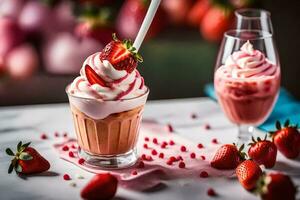 two glasses of strawberry milkshake with whipped cream. AI-Generated photo