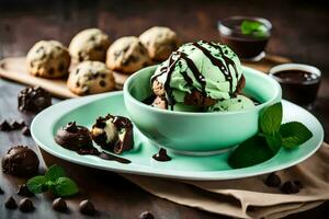 chocolate menta hielo crema en un cuenco con menta hojas y chocolate galletas. generado por ai foto