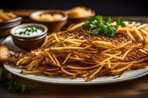 a plate of french fries with a side of sour cream. AI-Generated photo