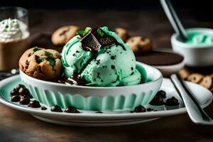 a bowl of mint chocolate chip ice cream with cookies. AI-Generated photo