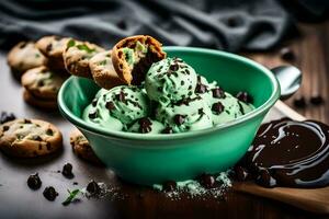 chocolate chip cookies and ice cream in a bowl. AI-Generated photo