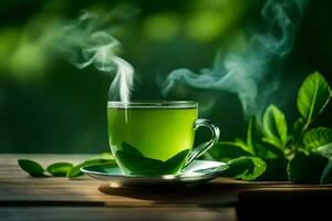 a cup of green tea with steam. AI-Generated photo