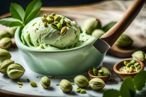 pistachio ice cream in a bowl with pistachio leaves and a spoon. AI-Generated photo