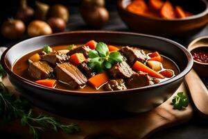 a bowl of beef stew with carrots and parsley. AI-Generated photo