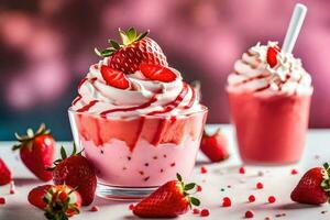 two glasses of strawberry milkshake with whipped cream and strawberries. AI-Generated photo