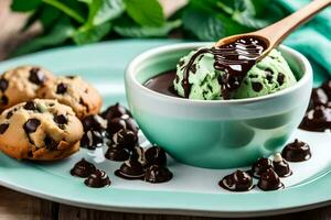 chocolate chip cookie ice cream with mint sauce. AI-Generated photo