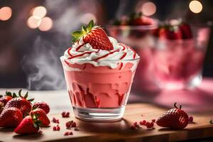 a strawberry milkshake with whipped cream and strawberries. AI-Generated photo