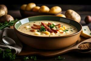 a bowl of potato soup with bacon and cheese. AI-Generated photo