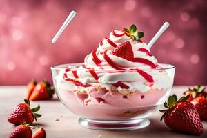 a strawberry sundae with whipped cream and strawberries. AI-Generated photo