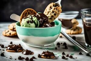 chocolate ice cream with cookies and ice cream in a bowl. AI-Generated photo