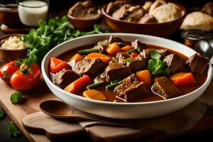 a bowl of beef stew with vegetables and bread. AI-Generated photo