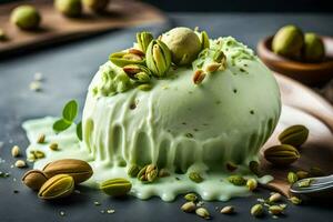 pistachio ice cream with pistachio nuts on a dark background. AI-Generated photo