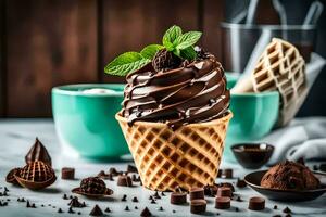 chocolate ice cream in a waffle cone with mint leaves. AI-Generated photo