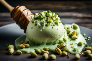 pistachio ice cream with a wooden spoon. AI-Generated photo
