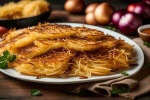 a plate of potato pancakes with onions and parsley. AI-Generated photo