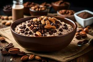 chocolate pecan oatmeal in a bowl. AI-Generated photo