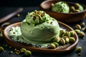 pistachio ice cream with pistachio nuts on a wooden plate. AI-Generated photo