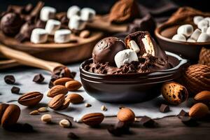 chocolate ice cream with marshmallows and nuts. AI-Generated photo