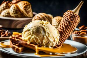 ice cream waffle with caramel sauce and waffle on a plate. AI-Generated photo