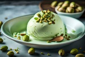 pistachio ice cream in a bowl with pistachio nuts. AI-Generated photo