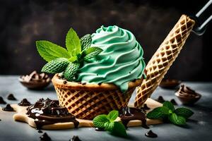 ice cream in a waffle cone with mint leaves and chocolate. AI-Generated photo