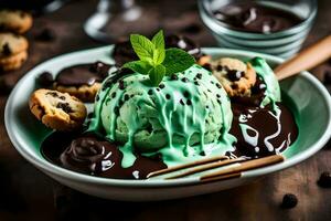 chocolate mint ice cream with cookies and mint leaves in a bowl. AI-Generated photo