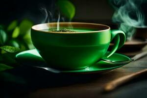 un taza de verde té con un verde hoja en el lado. generado por ai foto