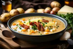 a bowl of potato soup with cheese, bacon and herbs. AI-Generated photo