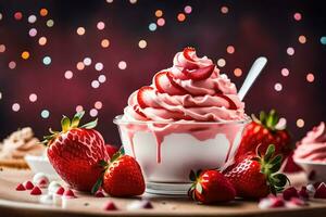 a bowl of ice cream with strawberries and whipped cream. AI-Generated photo