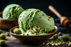 pistachio ice cream in a wooden bowl with pistachio nuts. AI-Generated photo