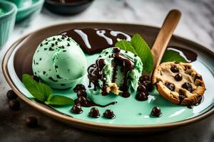 a plate with chocolate ice cream and mint leaves. AI-Generated photo