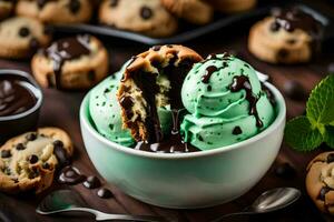 chocolate chip galletas y hielo crema en un bol. generado por ai foto