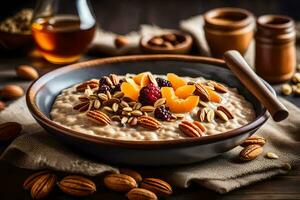 a bowl of oatmeal with nuts and dried fruits. AI-Generated photo