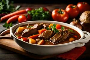 a bowl of beef stew with vegetables and carrots. AI-Generated photo