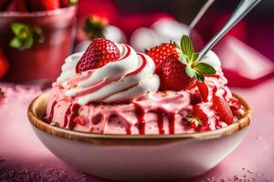 un cuenco de hielo crema con fresas y azotado crema. generado por ai foto