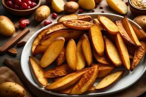 potato wedges with cranberries and nuts on a plate. AI-Generated photo